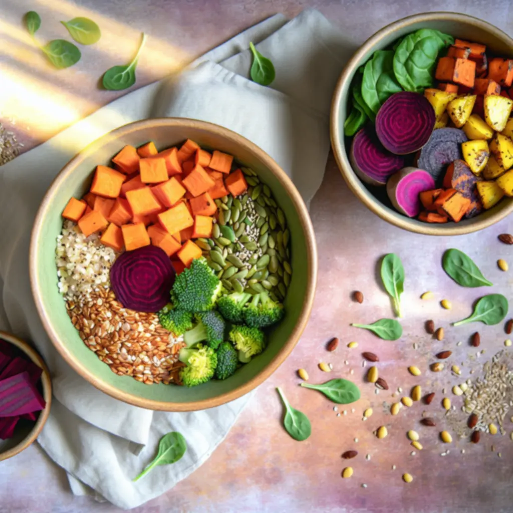 Kolorowy bowl z pieczonymi warzywami i ziarnami