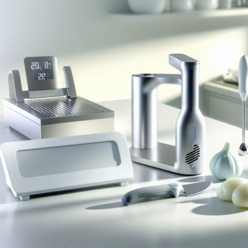 Nowoczesne gadżety kuchenne na blacie: mandolina, termometr i blender