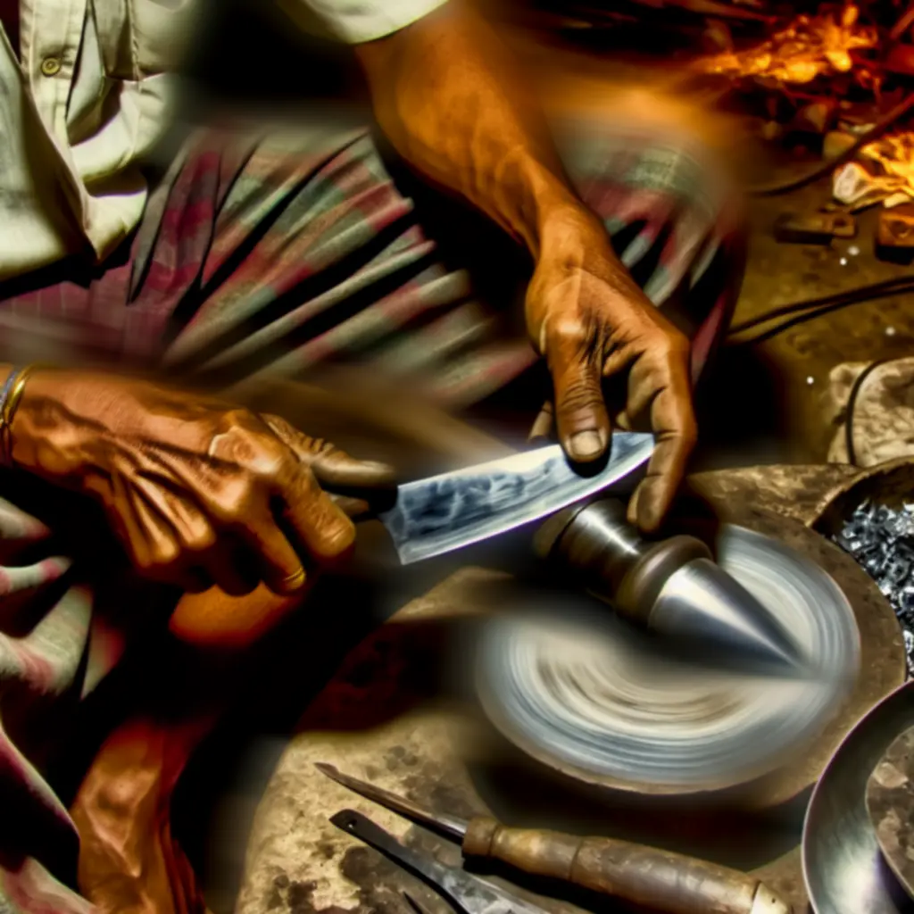 Ręce rzemieślnika polerujące ostrze noża w warsztacie