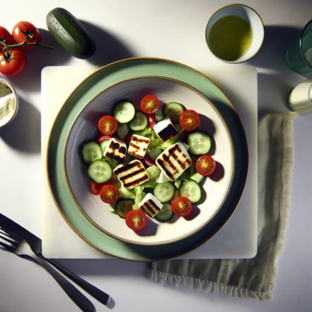 Sałatka z grillowanym serem halloumi, ogórkiem i pomidorem na ceramicznym talerzu