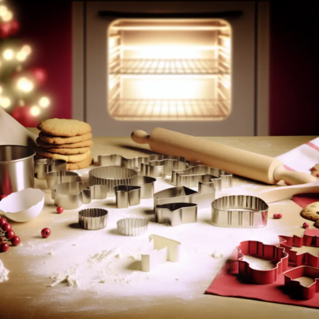 Stół z foremkami do ciastek, mąką i rozgrzanym piekarnikiem w tle