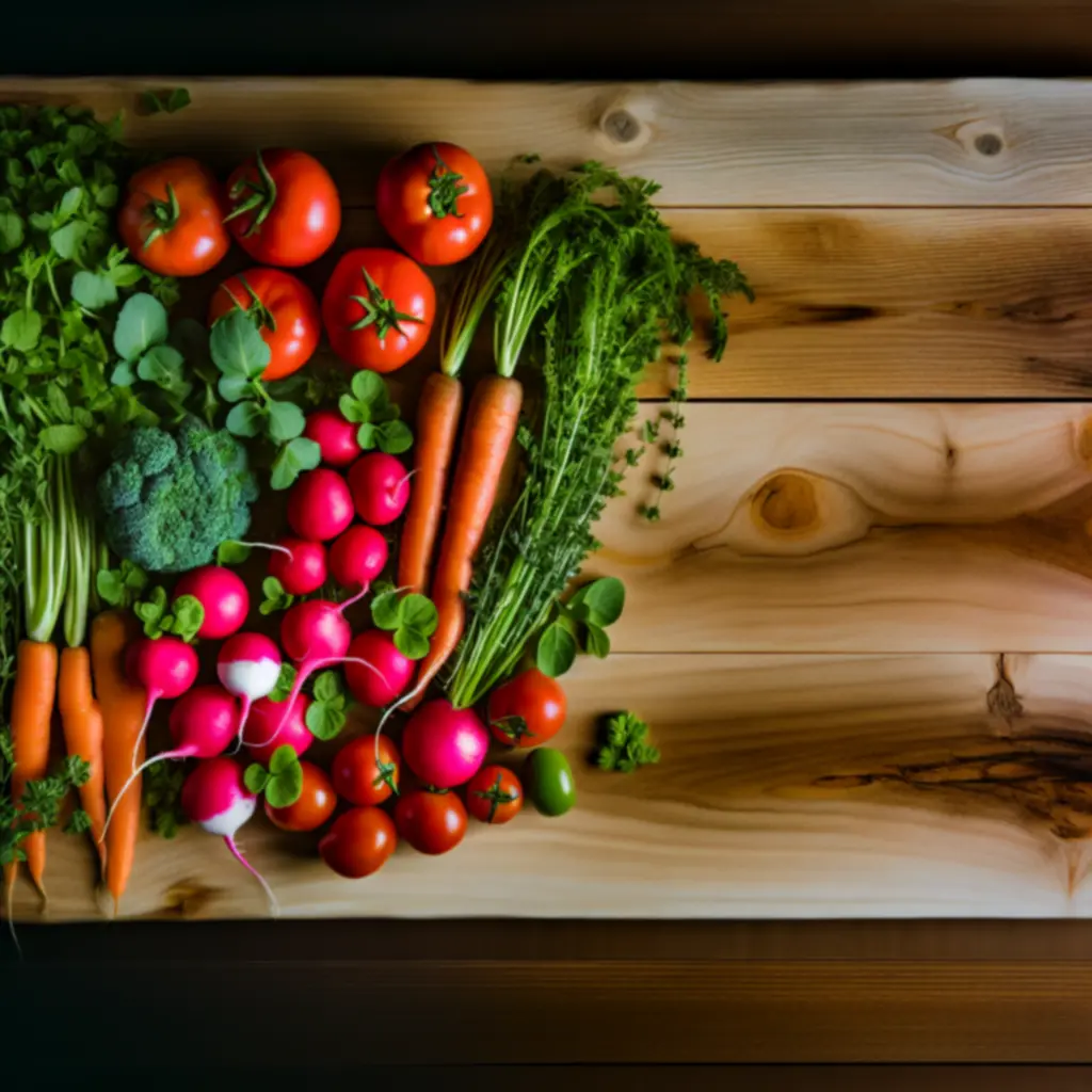 Sezonowe składniki: warzywa i zioła na drewnianej desce