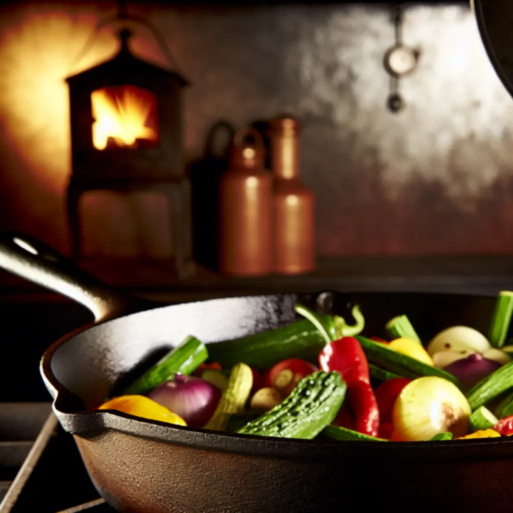 Żeliwna patelnia na kuchence z warzywami