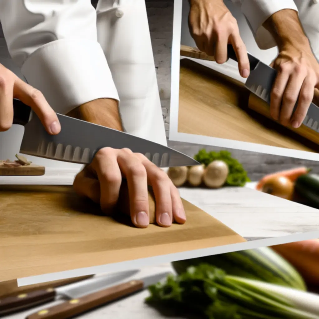 Deska do krojenia i nóż szefa kuchni podczas nauki techniki krojenia