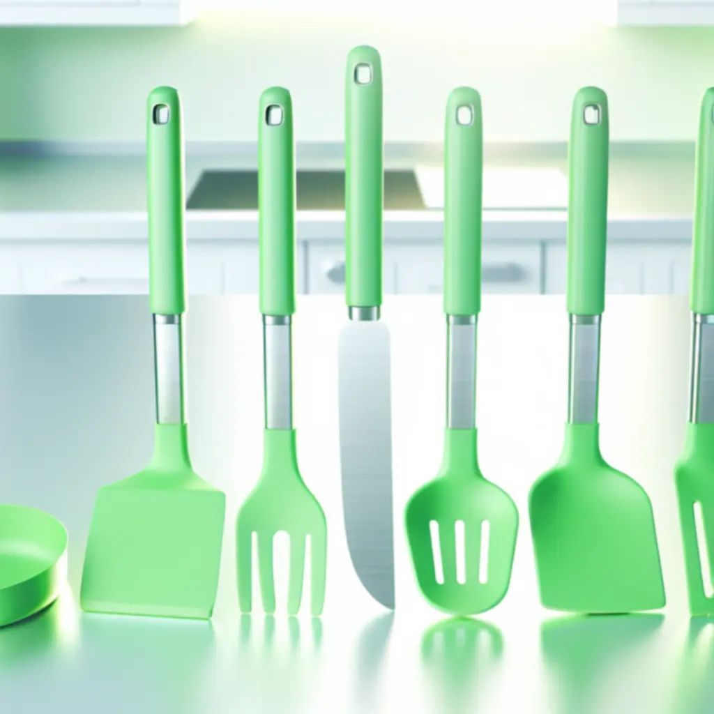 Profesjonalny zielony zestaw silikonowych przyborów z łopatką, chochlą i szczypcami