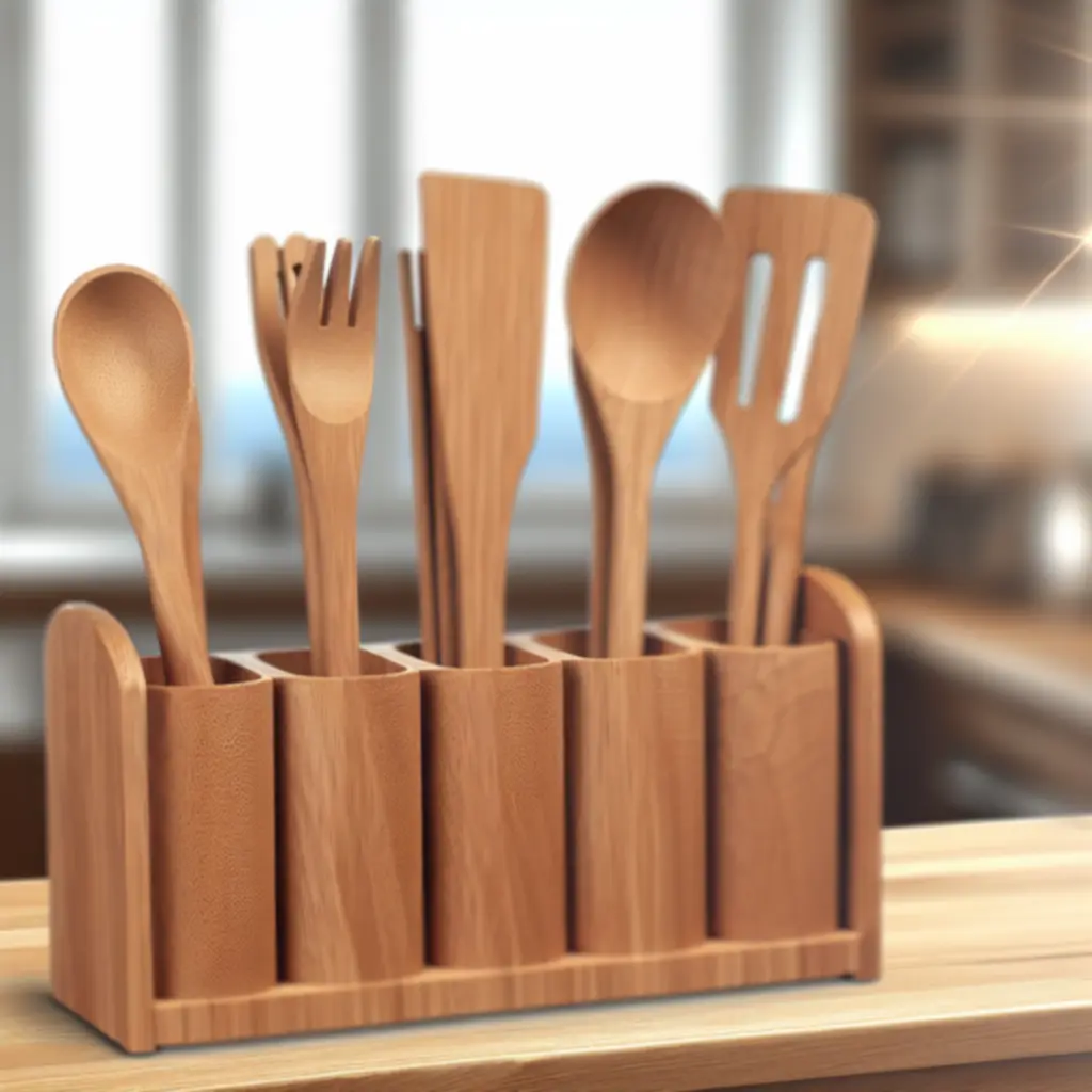 Siedmioelementowy dębowy zestaw przyborów z organizerem