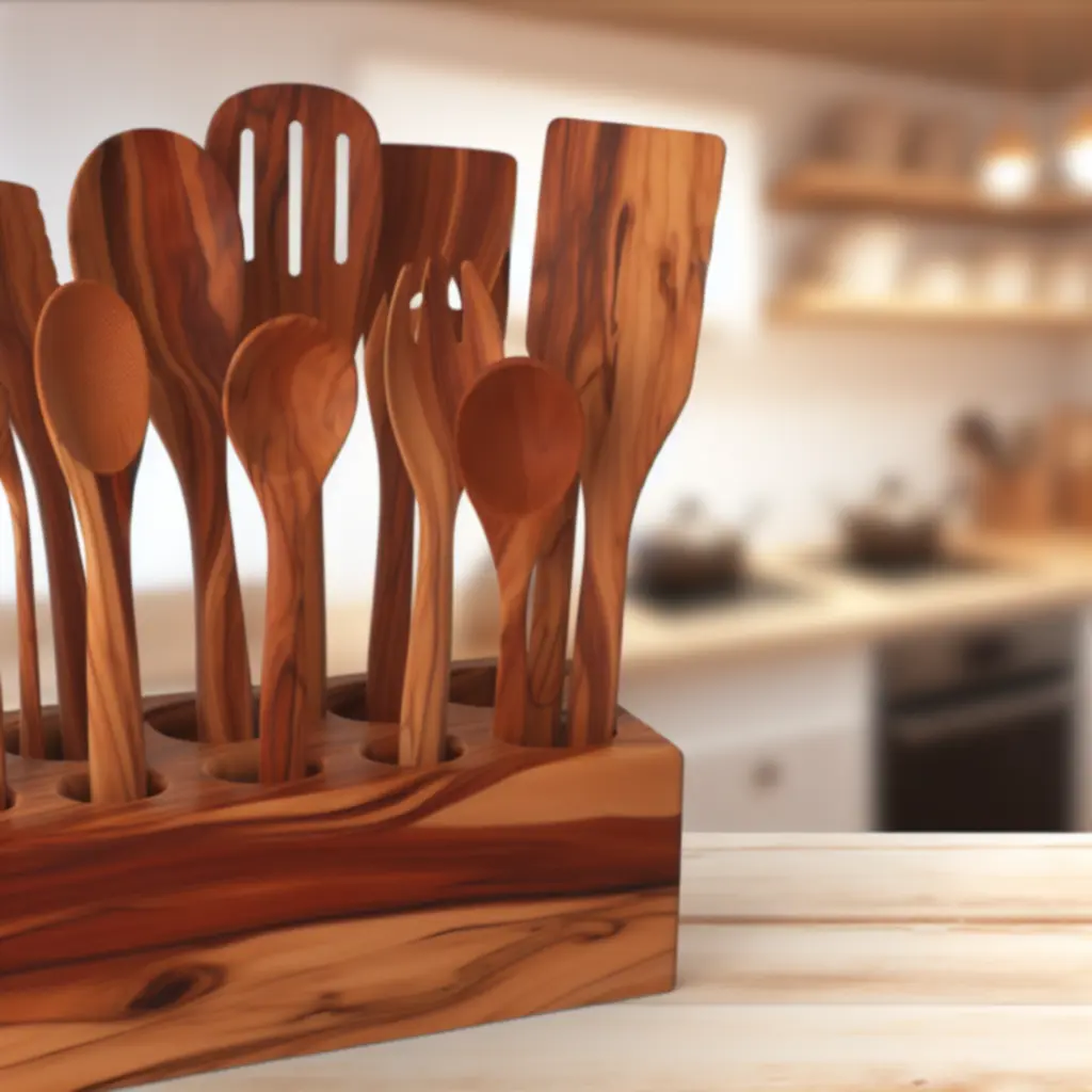 Zestaw przyborów z drewna oliwnego z podstawą stojącą